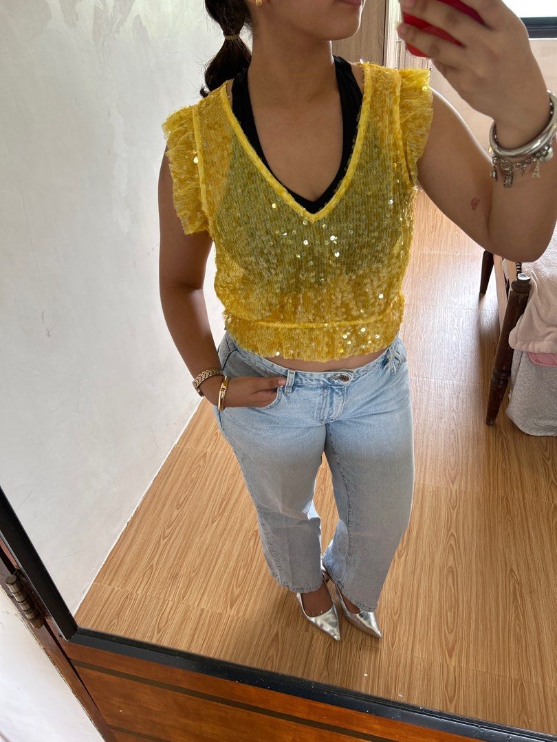 Zara yellow sequin top cheap