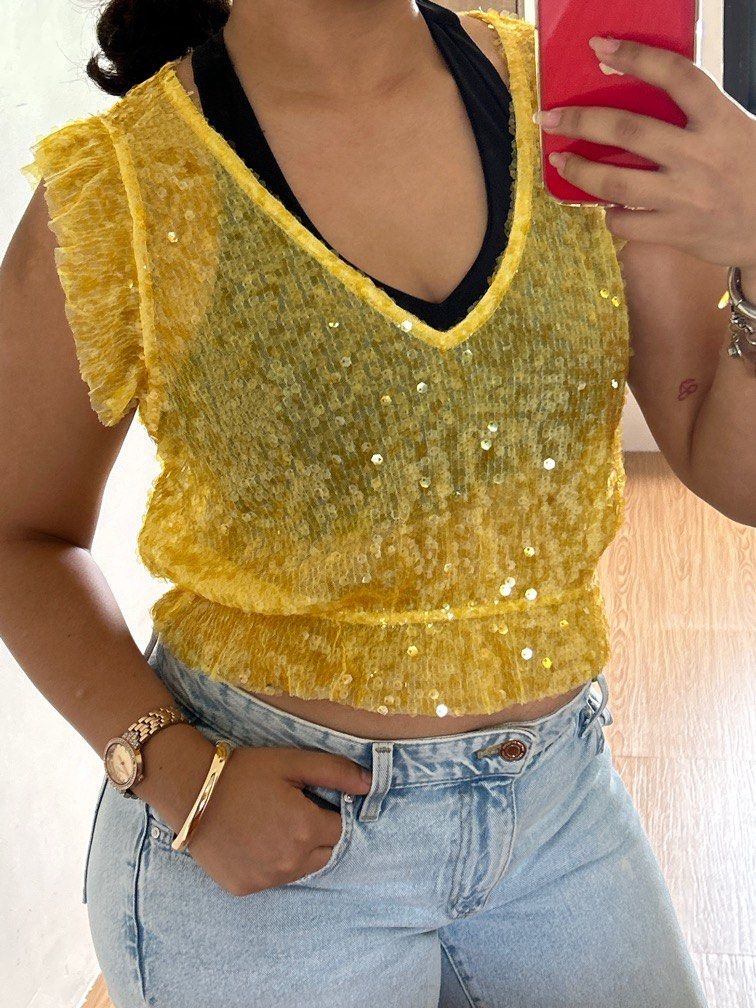 Zara yellow sequin top hot sale