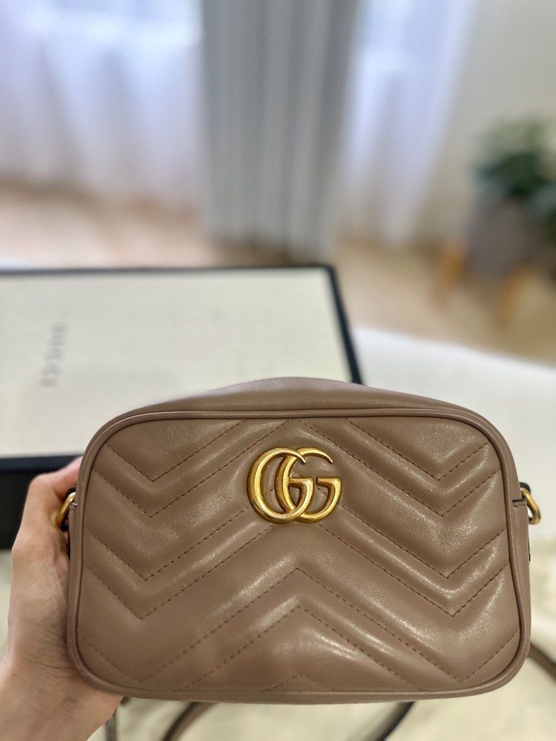 Gucci GG Marmont Nude Mini Camera Bag (Category: Luxury Bags & Wallets) located in Taytay. Submitted by dreamcatchers.ph (Listing ID 1316102417, Image 2). Description: Well used gucci marmont medium sling bag. Nude color.. what you see is what you get. Still negotiable. 7” W x 5” H x 2.5” D.