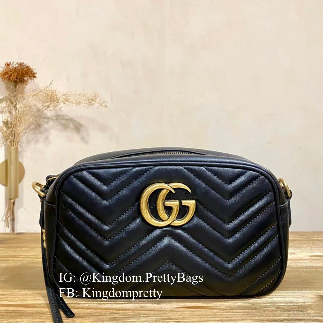 Gucci Marmont GG Logo Quilted Leather Camera Bag Black Gold Hardware Pre order