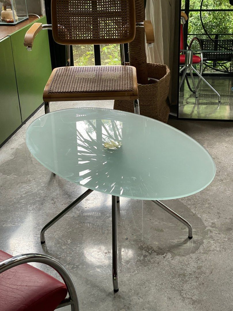 Midcentury modern glass table (Category: Tables & Sets) located in Cavite. Submitted by dosamigas (Listing ID 1316148518, Image 2). Description: Stainless steel, vintage, frosted glass table with center molded legs. Pickup lalamove at Silang Cavite.
