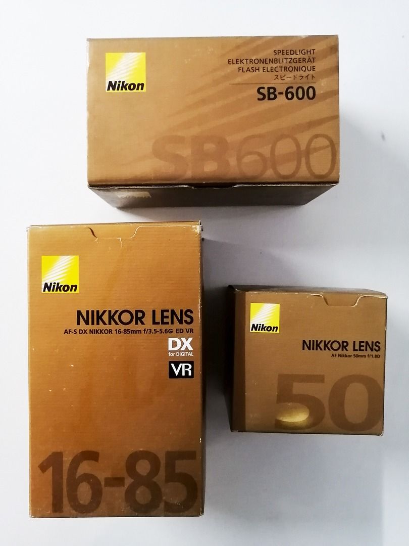 Nikon Nikkor Lens Flash Boxes Set (Category: Other Photography Accessories) located in Malabon City. Submitted by audioscience (Listing ID 1316157911, Image 1). Description: Nikon Nikkor Lens Flash Boxes Set • Boxes only • Selling as a set • Nikkor 16-85mm • Nikkor 50mm f/1.8 • SB-600 Speedlight • Box are in good condition • Selling as is • Actual photos • What you see is what you get ✓ Payment via Gcash, BPI Family Bank Deposit, Palawan Express,