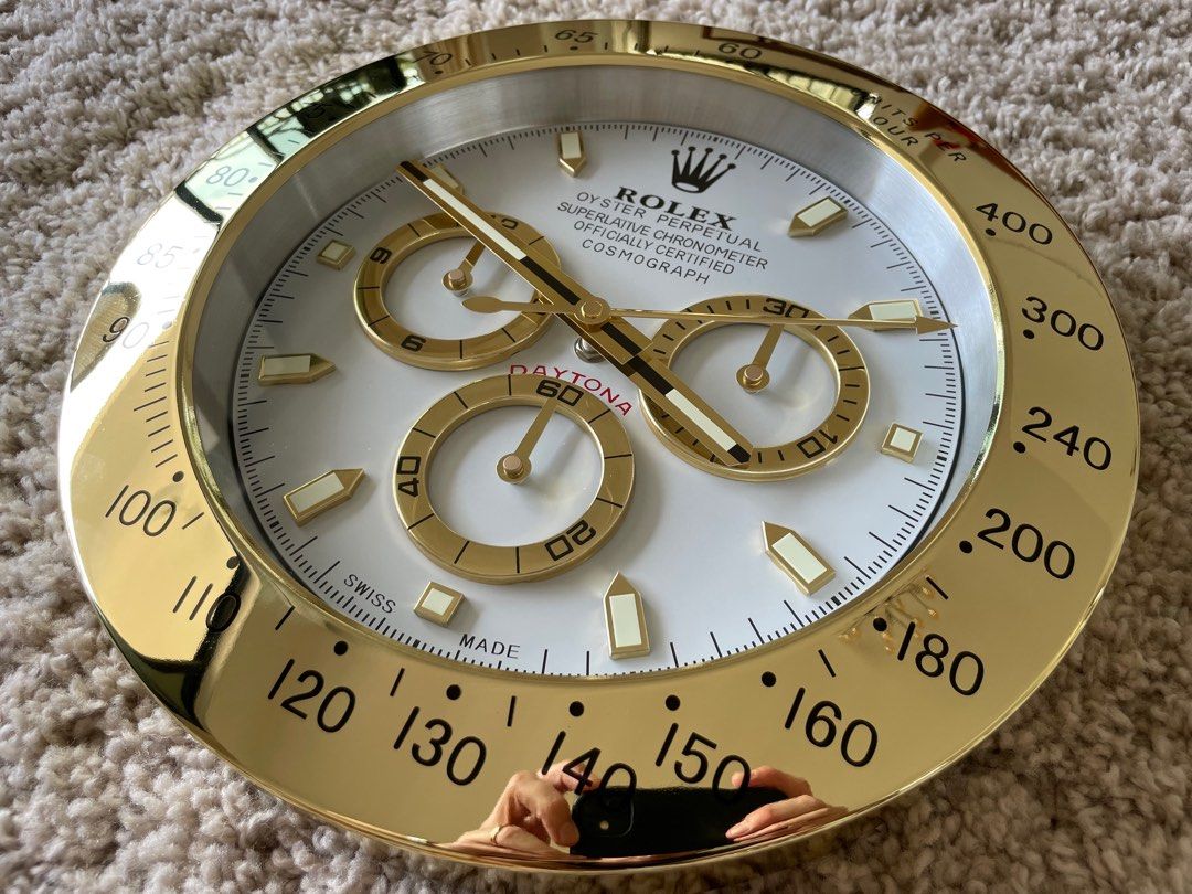 ROLEX Cosmograph DAYTONA Wall Clock Gold White 34cm Dealer Display Furniture Home Living Home Decor Clocks on Carousell