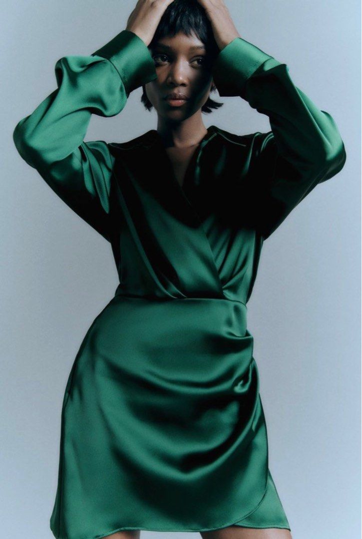 Zara green satin dress discount