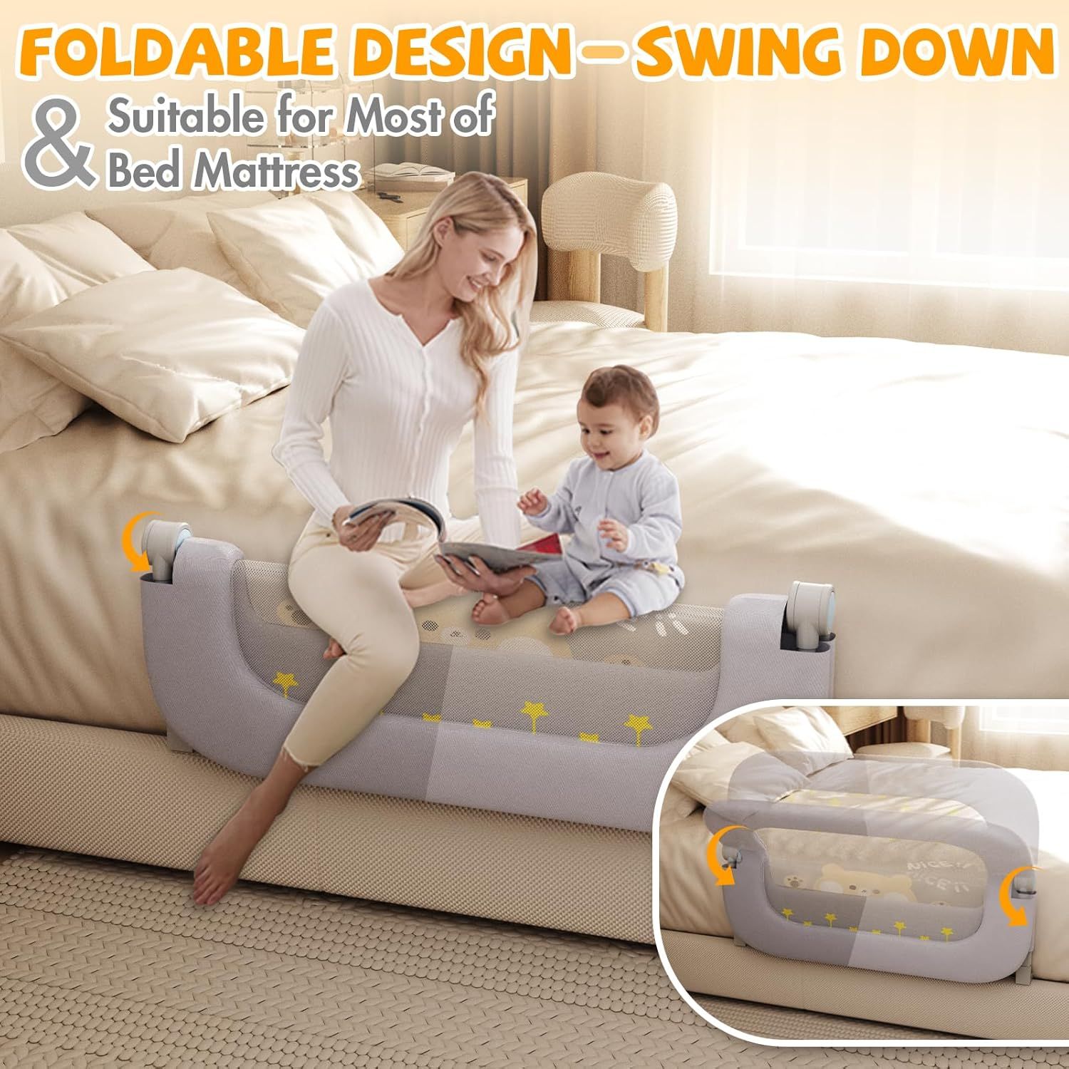 Abdtech Bed Guard Rail for Toddlers 32 inches Lift Foldable Toddler Bed Rails for Kids Safety