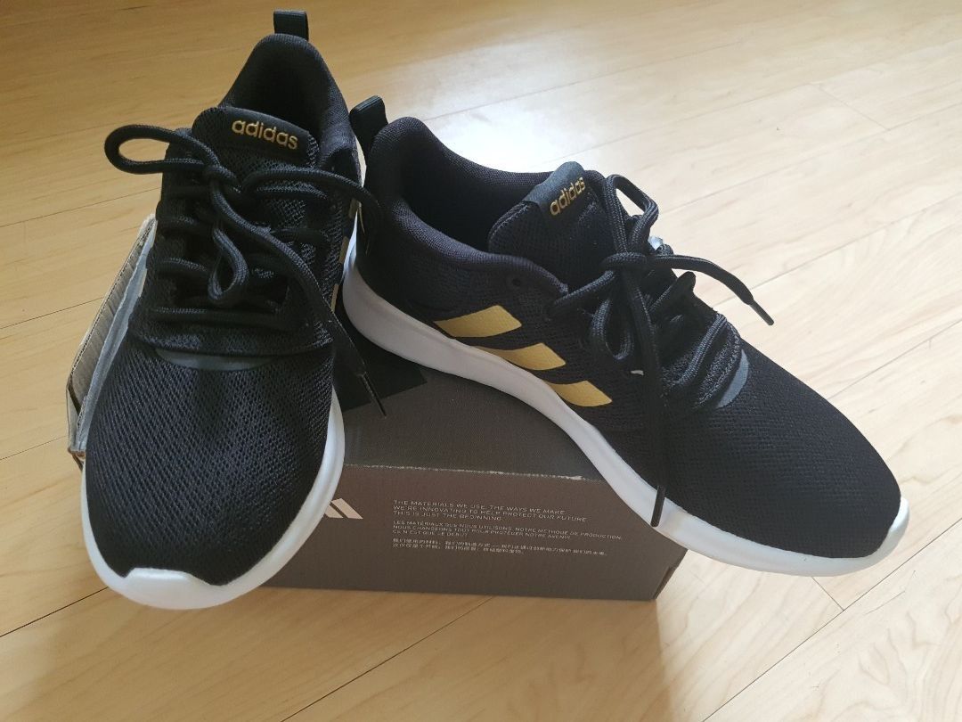 Adidas QT Racer cloudfoam black and gold running sneakers Women s Fashion Footwear Sneakers on Carousell