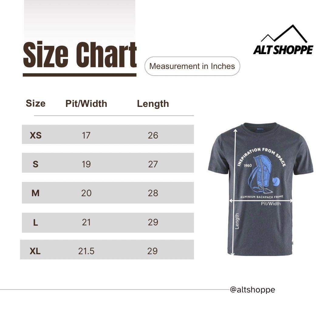 Fjallraven Space T-Shirt Print (Category: Tshirts & Polo Shirts) located in Puchong. Submitted by altshoppe (Listing ID 1076602266, Image 3). Description: • Colour : NAVY • Available Size (Refer to size chart provided-in pic) : XS - P 17” L 26” • READY STOCK in MALAYSIA • NEW with TAG PRODUCT DESCRIPTION : Short-sleeved t-shirt in organic cotton. Round neckline and print inspired by Fjällräven’s history: our first hiking backpack with an aluminiu