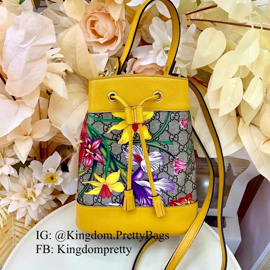 Gucci Floral Printed Mini Bucket Bag Top Handle Crossbody Yellow GG Monogram Pre order