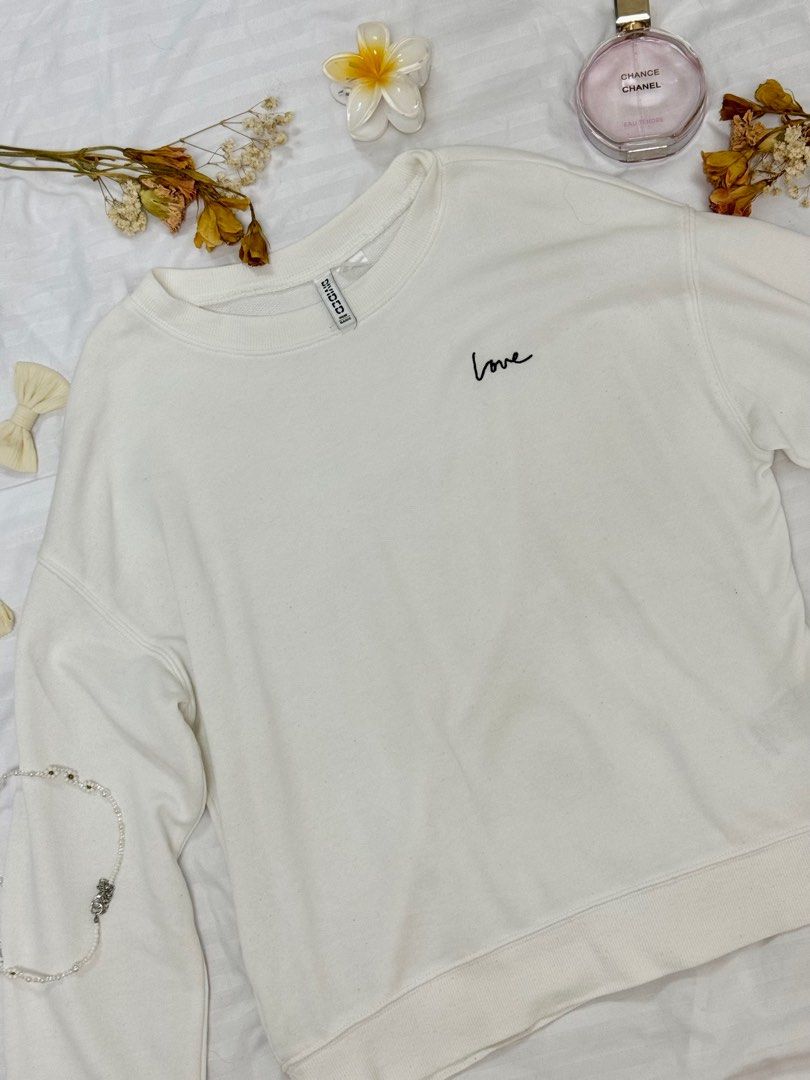 H M LOVE White Sweatshirt Women s Fashion Coats Jackets and Outerwear on Carousell