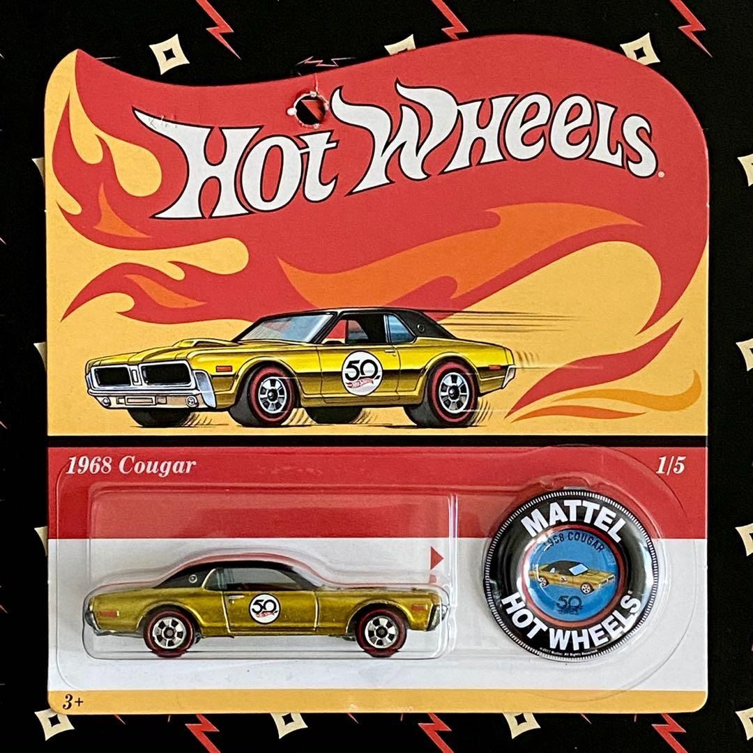 Hot Wheels 50th Anniversary Original Redlines Set with Pin Button Hotwheels Red Lines Cougar Gold Volkswagen Beetle Purple Camaro Cyan Blue Custom 67 Mustang Red Hemi Barracuda Green