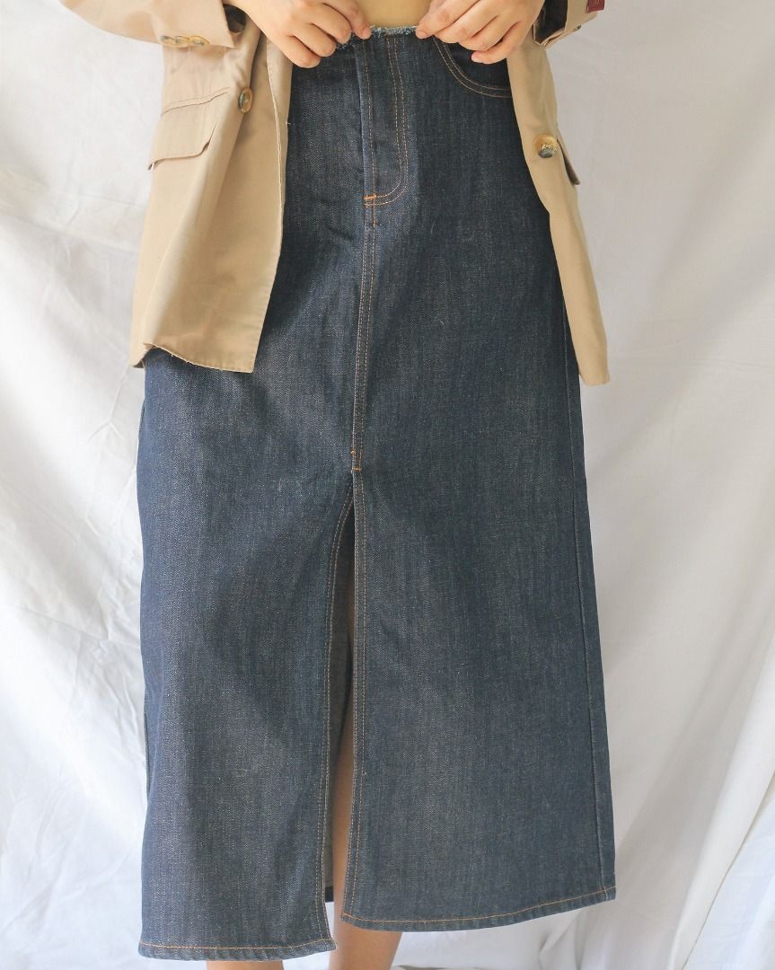 Long Denim Skirt with Front & Back Slits (Category: Skirts) located in Manila. Submitted by teeforel (Listing ID 1316417775, Image 3). Description: HQ Long Denim Skirt with Front & Back Slits. Frayed top design. Comfy A-line fit. Hidden front fastening. Still in very good condition. Size: 6 Waist = 30-32 inches Hips = 38 inches Length = 31.5 inches *Color may vary from actual item due to monitor settings or photo lighting.* Due to the nature of t