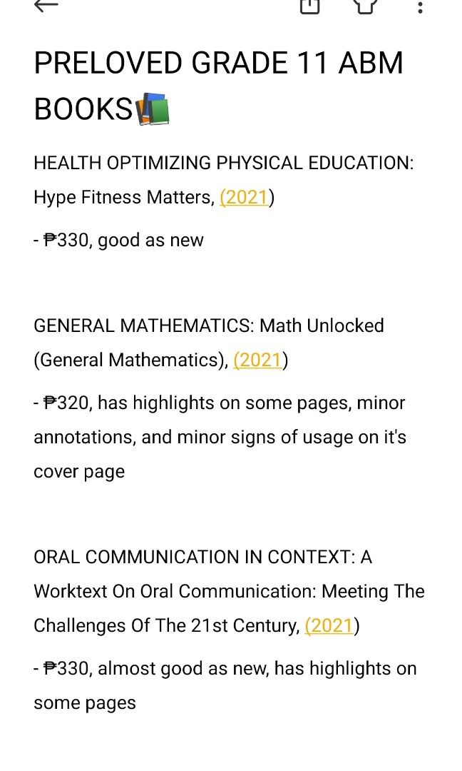 UST SHS: PRELOVED GRADE 11 ABM BOOKS (FIRST SEMESTER) (Category: Textbooks) located in Manila. Submitted by xhaan (Listing ID 1316237683, Image 1). Description: wts lfb ~ Hello freshies! I'm selling my preloved books preferably in budget friendly price🤗, the books have some minimal signs of usage but overall in good condition naman, if you're interested lmk!!🥰 mop💸: gcash/maya mod🚚: lalamove/can do meet ups around ust area 🏷️ust shs grade 11