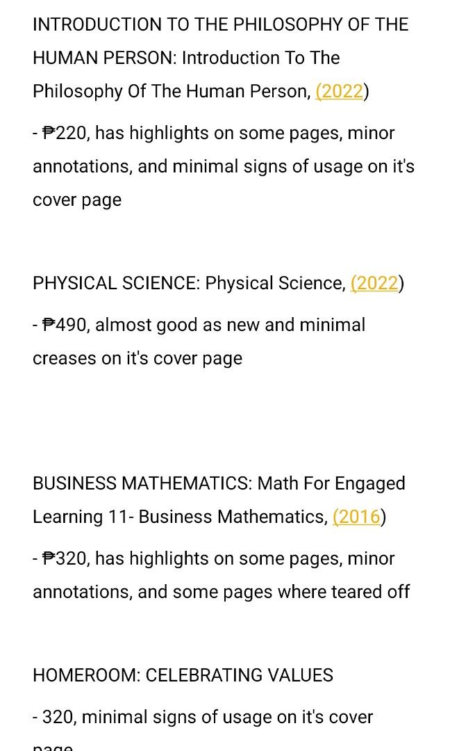 UST SHS: PRELOVED GRADE 11 ABM BOOKS (FIRST SEMESTER) (Category: Textbooks) located in Manila. Submitted by xhaan (Listing ID 1316237683, Image 2). Description: wts lfb ~ Hello freshies! I'm selling my preloved books preferably in budget friendly price🤗, the books have some minimal signs of usage but overall in good condition naman, if you're interested lmk!!🥰 mop💸: gcash/maya mod🚚: lalamove/can do meet ups around ust area 🏷️ust shs grade 11
