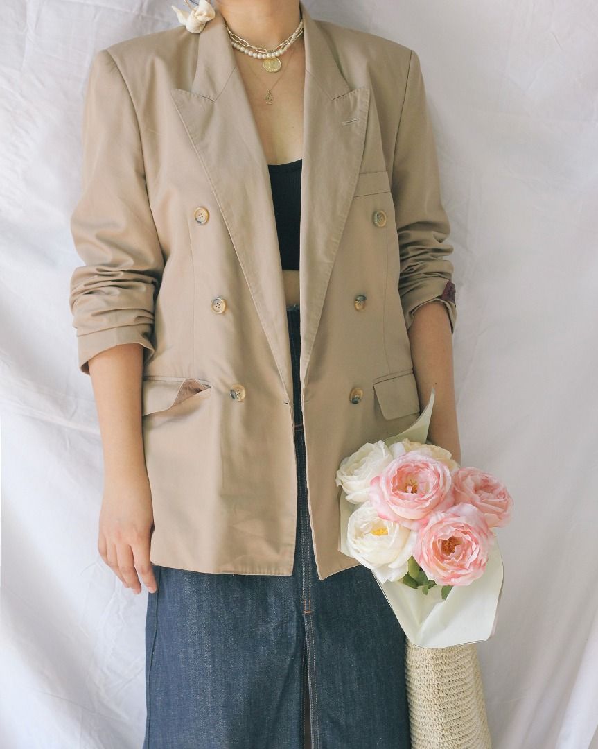 Vintage Tan Double Breasted Jacket (Category: Coats, Jackets and Outerwear) located in Manila. Submitted by teeforel (Listing ID 1316413869, Image 2). Description: Vintage Tan Double Breasted Jacket. Made in Italy. Still in very good condition. Size: S-L (depending on desired fit) Shoulder = 16.5 inches Bust(Armpit to Armpit) = 20 inches Waist = 19 inches Length = 29 inches *Color may vary from actual item due to monitor settings or photo lightin