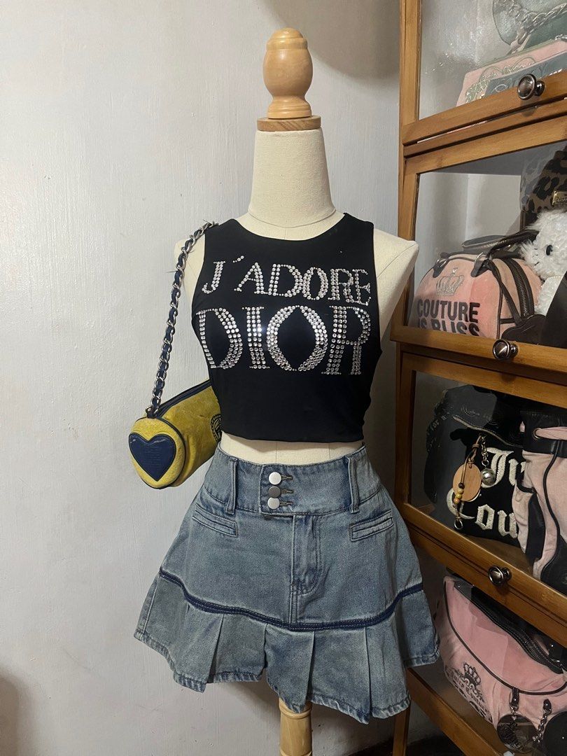 Y2k J’adore Dior crop top (Category: Sleeveless) located in Las Pinas. Submitted by roulette.club (Listing ID 1316302856, Image 1). Description: - custom diy bedazzled top - size S-M - bought for 1k - never used *bag and skirt not for sale, for outfit inspo only.