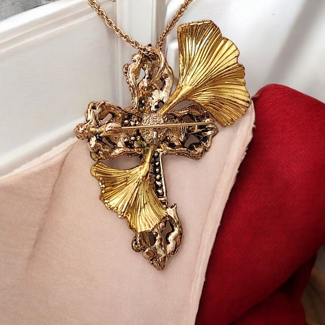 CROSS GINKGO GARDEN Brooch or Necklace Pendant With Antique Gold Bronze Brown Leaf Jade Ball Adjistable Vintage Style Chain Baptism Graduation Birthday Gift Catholic Christian Present Women s Fashion ...