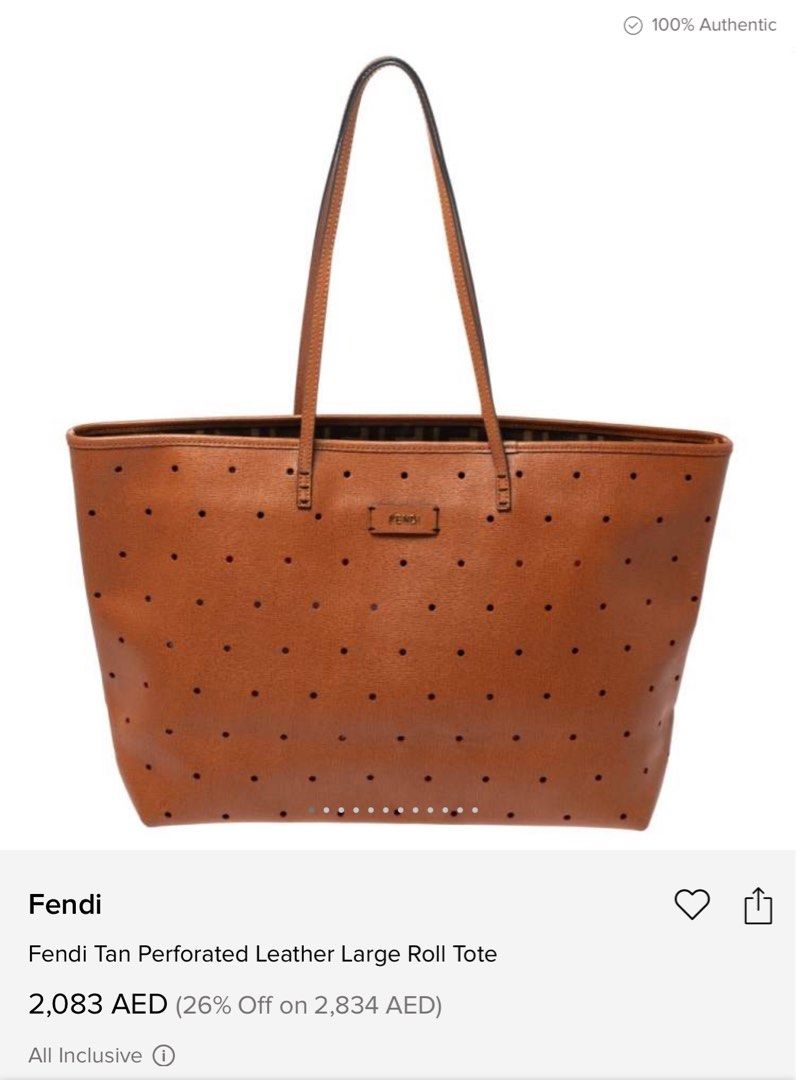 Fendi Tan Perforated Leather Large Roll Tote (Category: Luxury Bags & Wallets) located in Quezon City. Submitted by marco_miranda30 (Listing ID 1316459444, Image 2). Description: Authentic With obvious signs of usage Zipper is working.