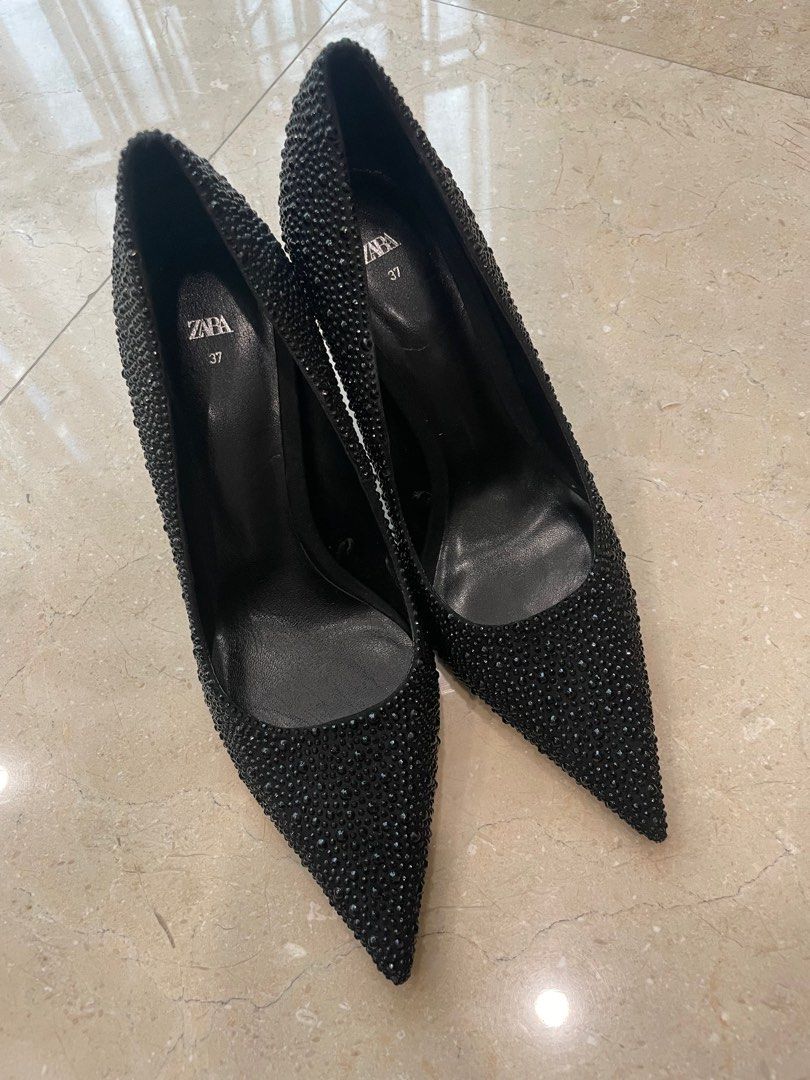 Zara Black Crystal High Heels Pump, Women's Fashion, Footwear