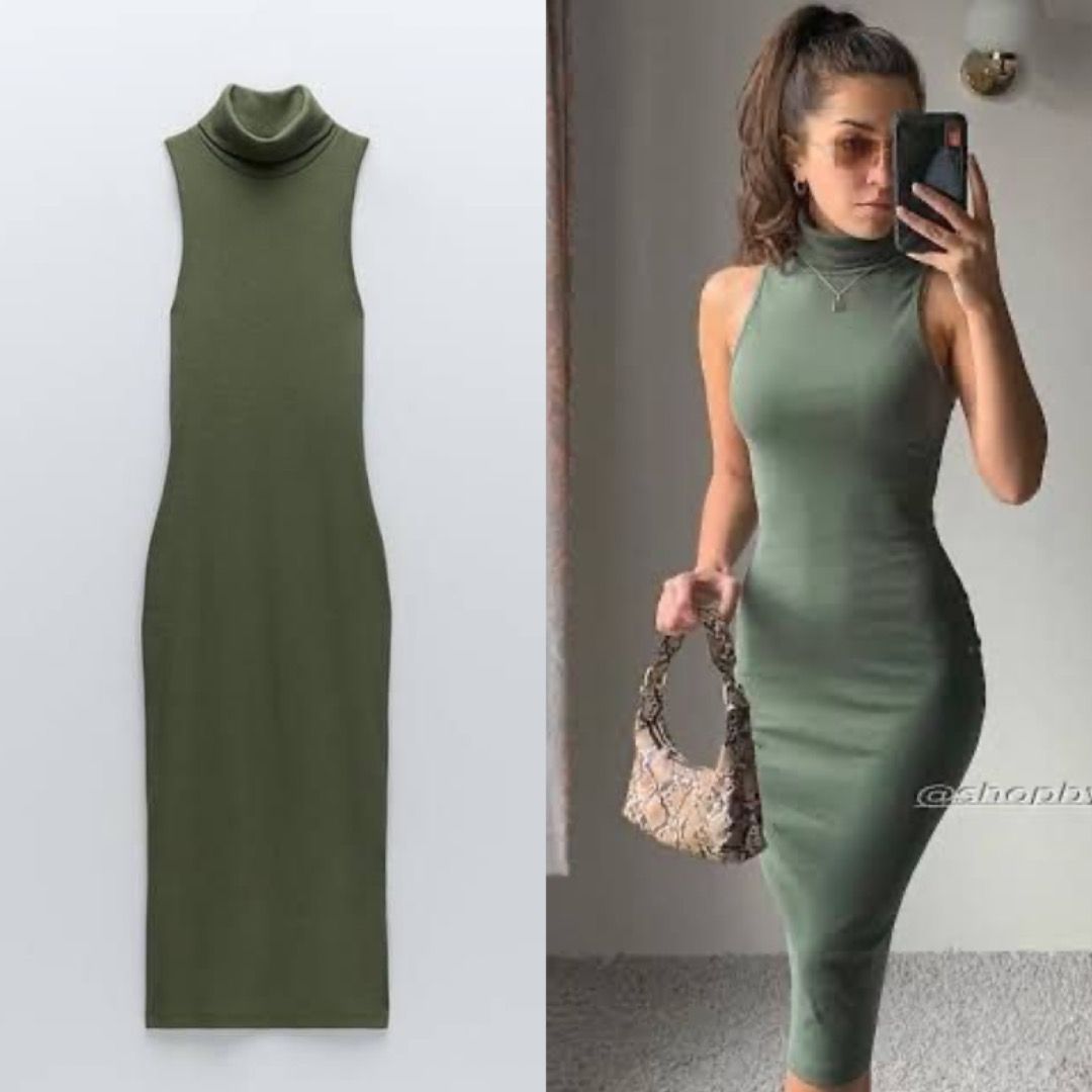 Zara High Collar Ribbed Midi Dress in Army Green BNWOT, Women's Fashion,  Dresses & Sets, Dresses on Carousell