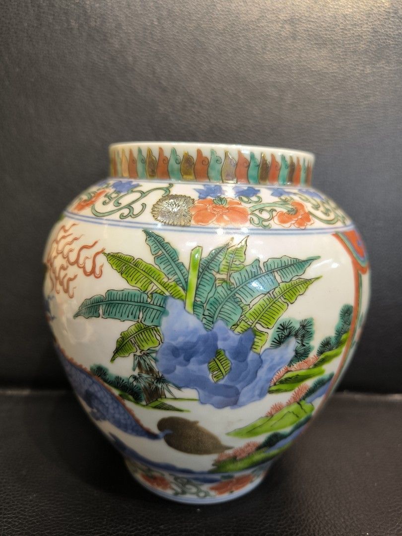 中國 清時代 青花開光人物山水紋蓋缶梅瓶