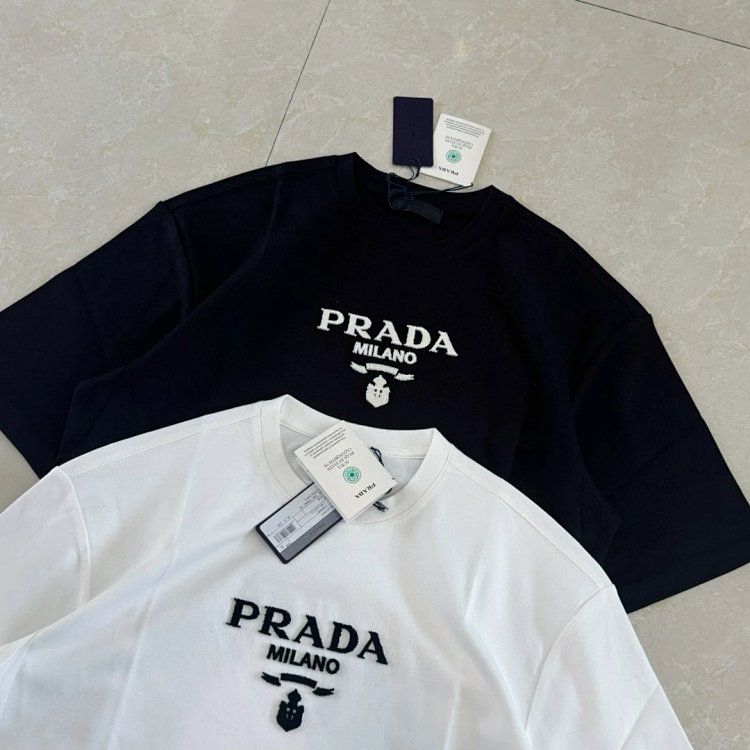 Authentic prada large embroidery decorative cotton t-shirt short