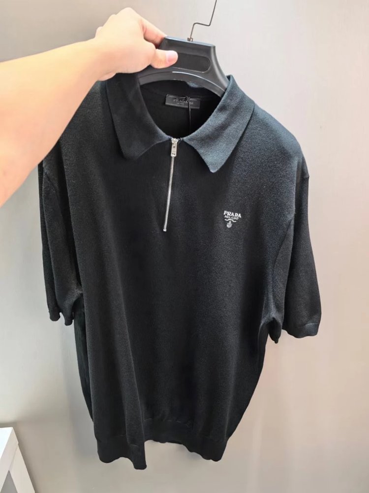 Authentic prada men's zip collar embroidered wool short sleeve