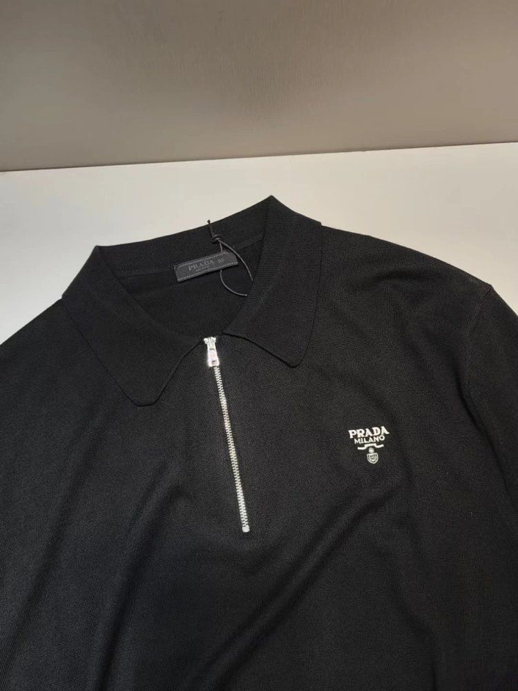Authentic prada men's zip collar embroidered wool short sleeve