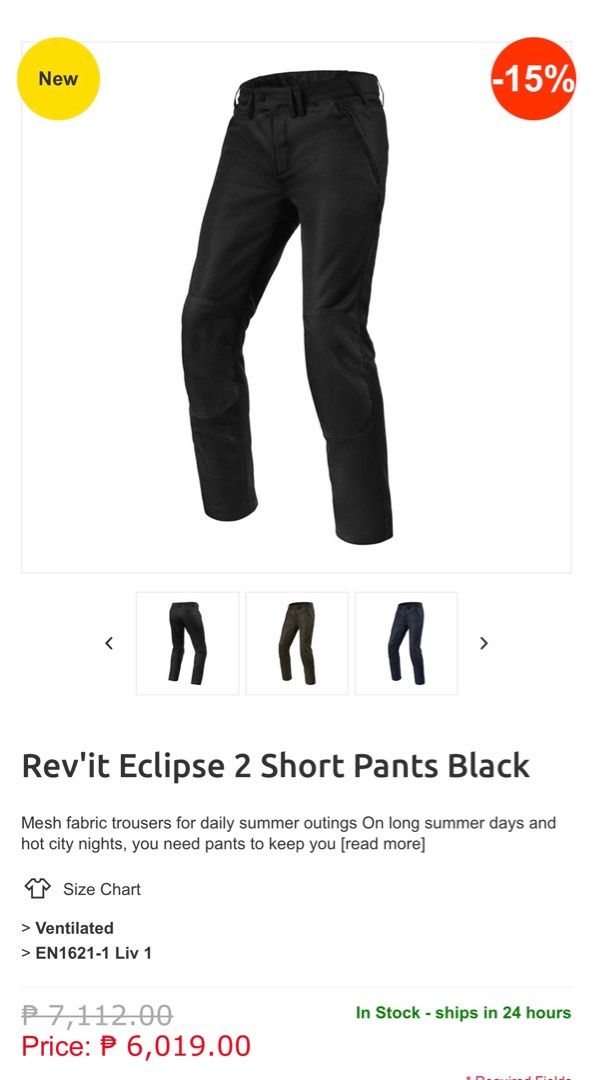 Authentic! Rev'it Eclipse 2 Short Pants Black Womens (Category: Other Bottoms) located in Quezon City. Submitted by cleanspaceph (Listing ID 1316715163, Image 1). Description: Authentic Bought at 6.5k Size - 38 Short Washed but not used With certificate — Rev’it Eclipse 2 is a Mesh textile motorcycle pants for everyday summer rides. On long summer days and warm city nights, you need pants that help you stay cool, and the Eclipse 2 uses polyester 