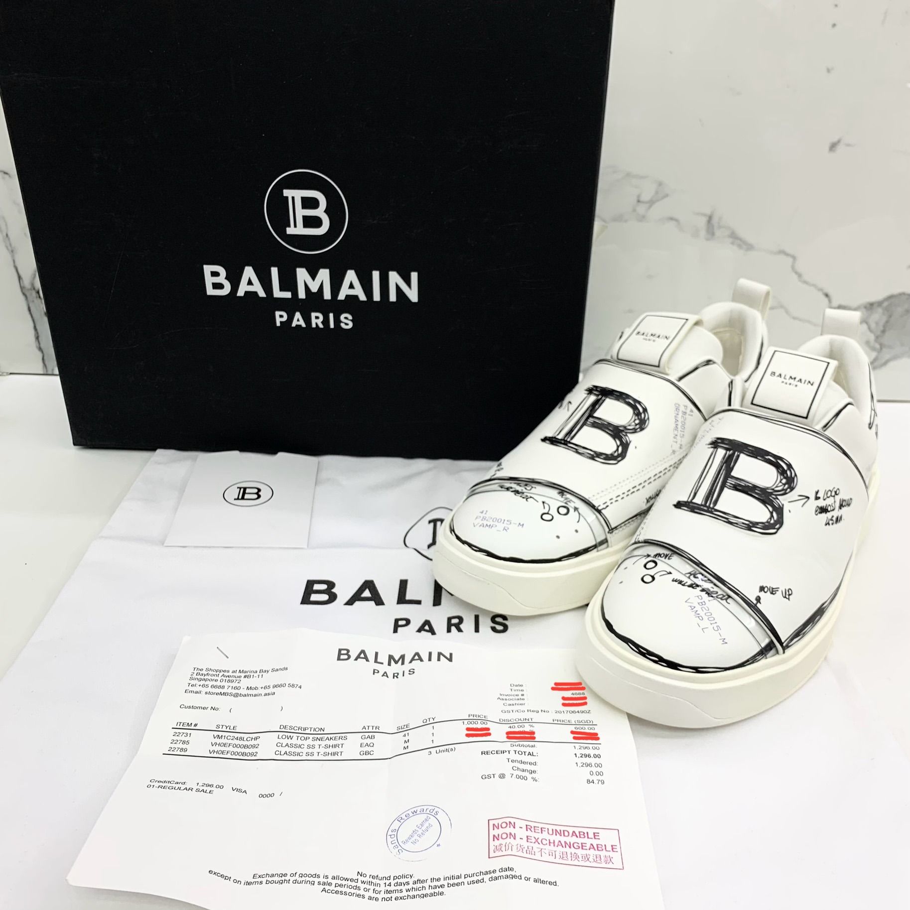 BALMAIN #41 LOW TOP B-COURT SKETCH EFFECT WHITE SNEAKERS 247034651 