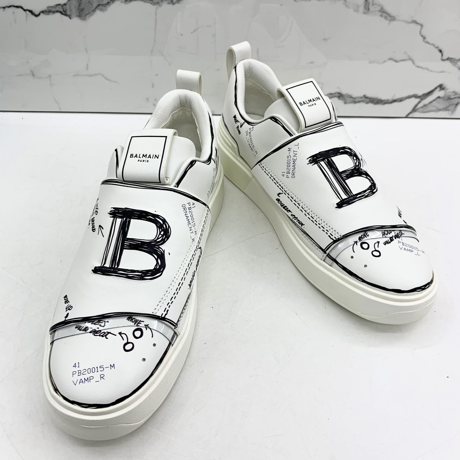 BALMAIN #41 LOW TOP B-COURT SKETCH EFFECT WHITE SNEAKERS 247034651 