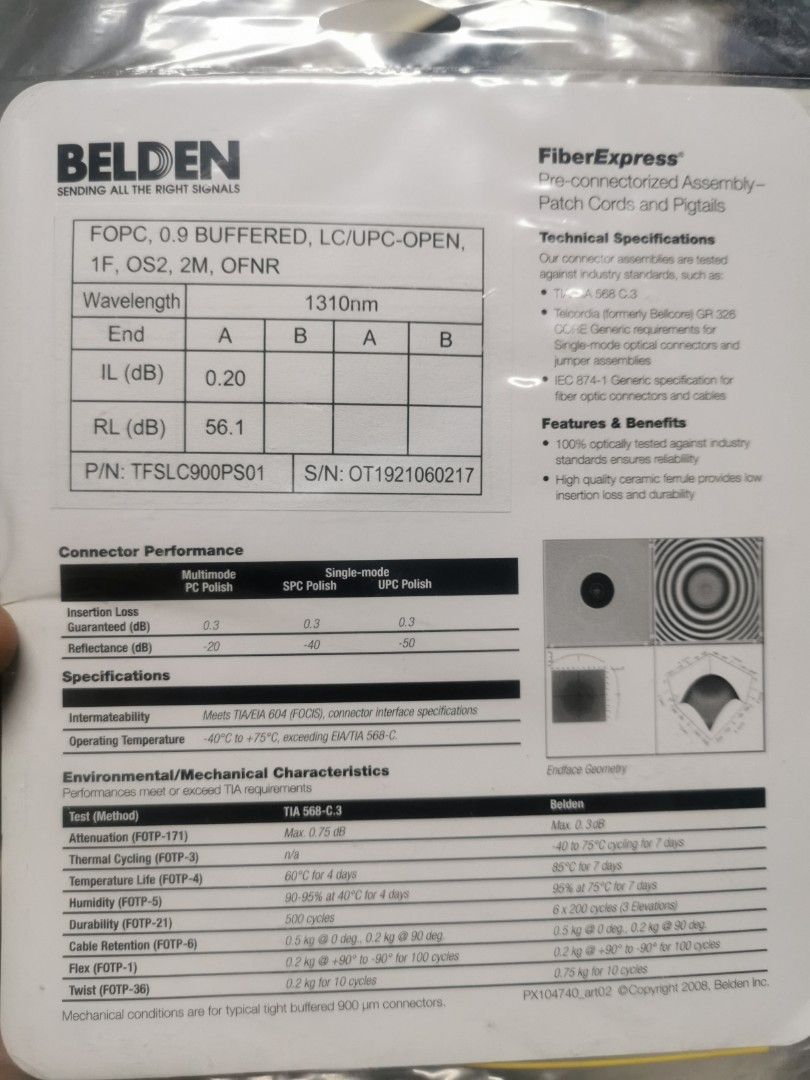 Belden Single mode Pigtail LC TFSLC900PS01 (Category: Cables & Adaptors) located in Quezon City. Submitted by networkelectricalrefacu (Listing ID 1316674966, Image 2). Description: belden single mode pigtail LC type connector, FOPC, 0.9 buffered, LC/UPC-open, 1F, OS2, 2M OFNR.
