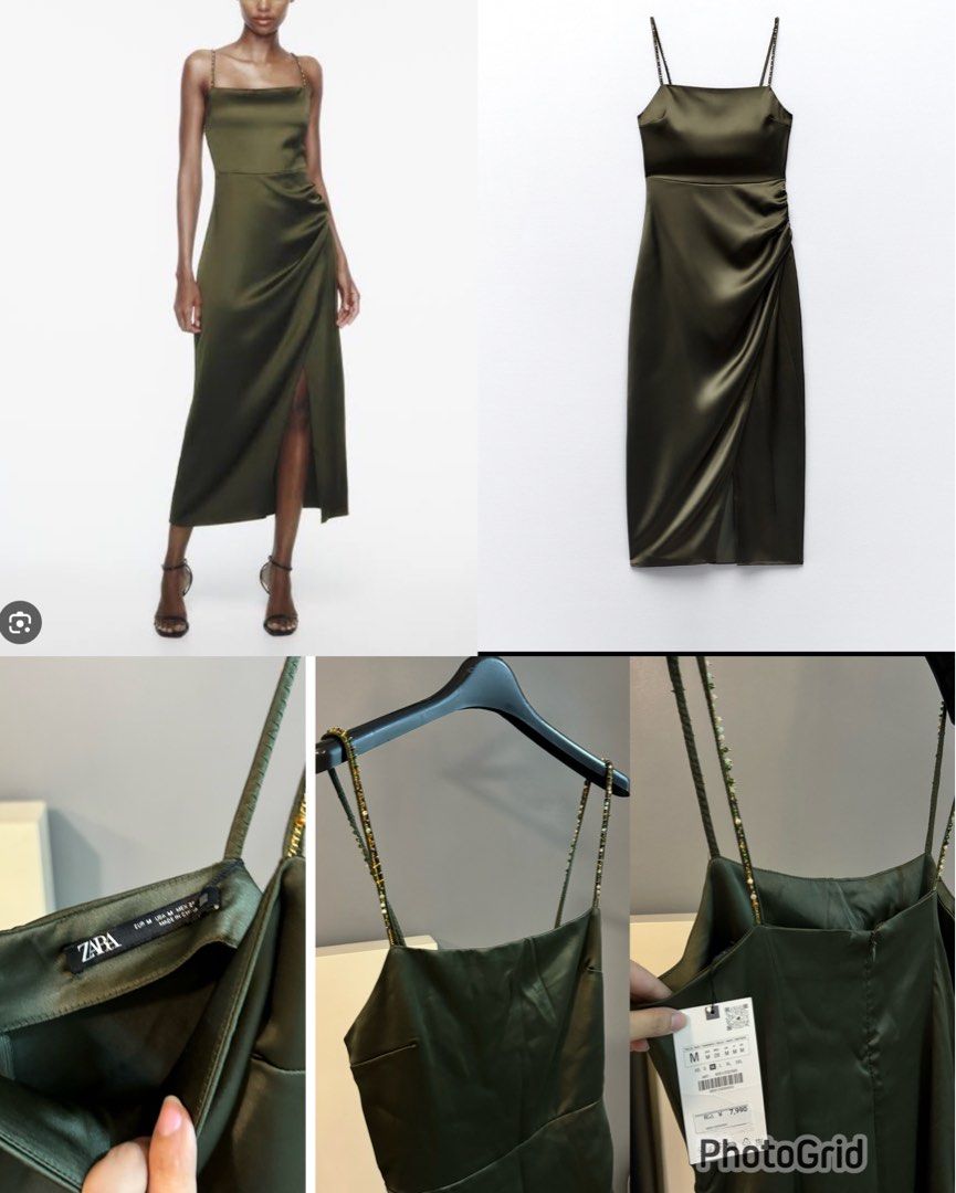 BRAND NEW ZARA GREEN SATIN SLIP DRESS BEADS STRAP (ORIG PRICE: 3,000),  Women's Fashion, Dresses & Sets, Evening dresses & gowns on Carousell