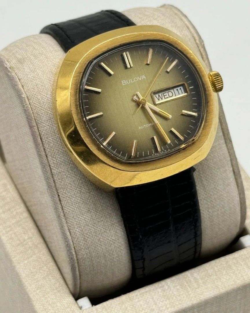Bulova Day-Date Gradient Brown Gold Plated Leather Strap (Category: Luxury Watches) located in Manila. Submitted by _classicwatchcollection (Listing ID 1316713473, Image 2). Description: FS: Bulova Day-Date Gradient Brown Gold Plated Leather Strap Php 20,000 Condition: 8/10 Movement: Automatic Case size: 40mm Unit only. Pm or Contact 09063027061 for inquiries..