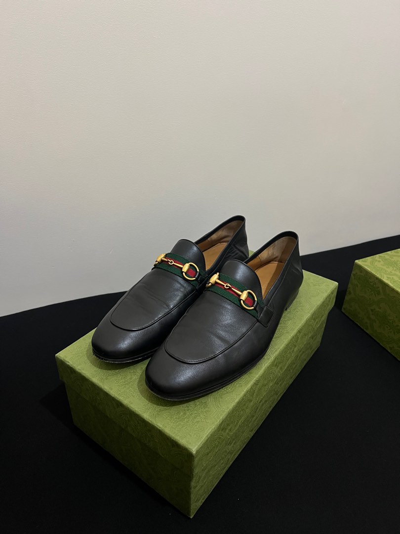Gucci Black Leather Horsebit Web Loafers