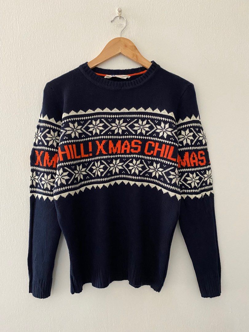 H M Dark Blue Christmas Sweater Knitwear Men s Fashion Tops Sets Tshirts Polo Shirts on Carousell