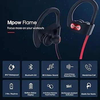 Mpow flame Bluetooth earphones waterproof (Category: Earphones) located in Johor Bahru. Submitted by jeny89jeny (Listing ID 1316805375, Image 2). Description: Comes with Case It is waterproof It has 8-10 Hrs Playing time.