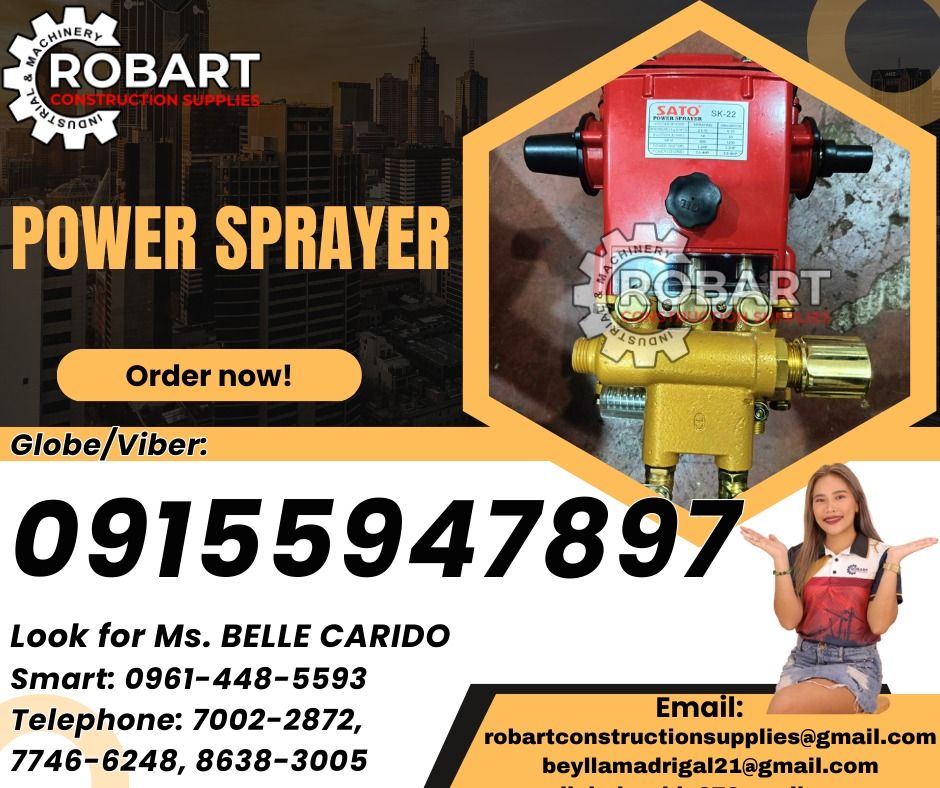 Power Sprayer (Category: Construction Tools & Equipment) located in Manila. Submitted by bellarobart (Listing ID 1316646731, Image 1). Description: Brand: SATO 1.5HP ELECTRIC MOTOR FOR POWER SPRAYER Price: 4,000 SATO POWER SPRAYER SK22 INCLUSIONS: HOSE ,SPRAY GUN AND BASE Price: 3,575 TOTAL: 7,575 / set 𝑹𝑶𝑩𝑨𝑹𝑻 𝑪𝑶𝑵𝑺𝑻𝑹𝑼𝑪𝑻𝑰𝑶𝑵 𝑺𝑼𝑷𝑷𝑳𝑰𝑬𝑺 Office Address: 1405 Yuseco St. Sta Cruz Manila SEND US MESSAGE FOR INQUIRIES ‼️ ‼️ Glb/Vi