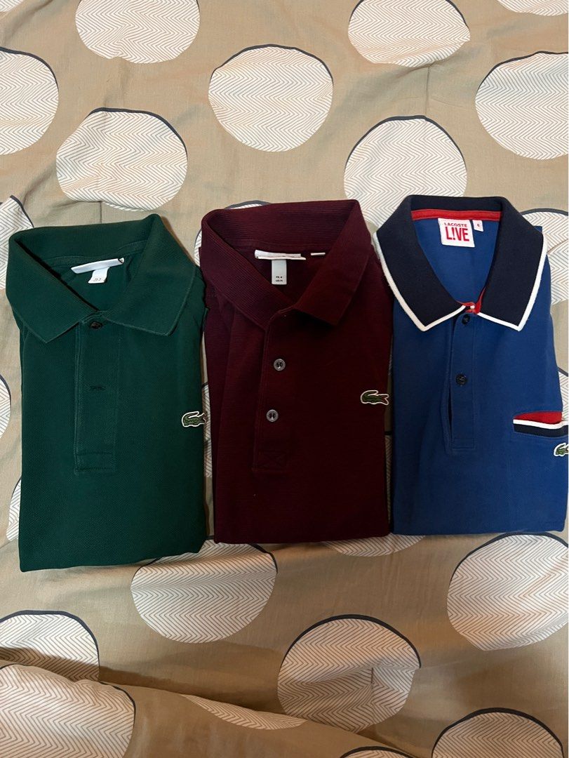 Pre- Loved Lacoste Polo Shirts (Original) (Category: Tshirts & Polo Shirts ) located in Paranaque City. Submitted by raffydavid10 (Listing ID 1316658215, Image 1). Description: Lacoste Classic Fit Green Color - Small Lacoste Sport Maroon - Medium (Fits Small) Lacoste Live Blue Color - Medium (Fits Small) All polo shirts used less than 10x Guaranteed Original or your money back 4,000 pesos if you take all 3 shirts.