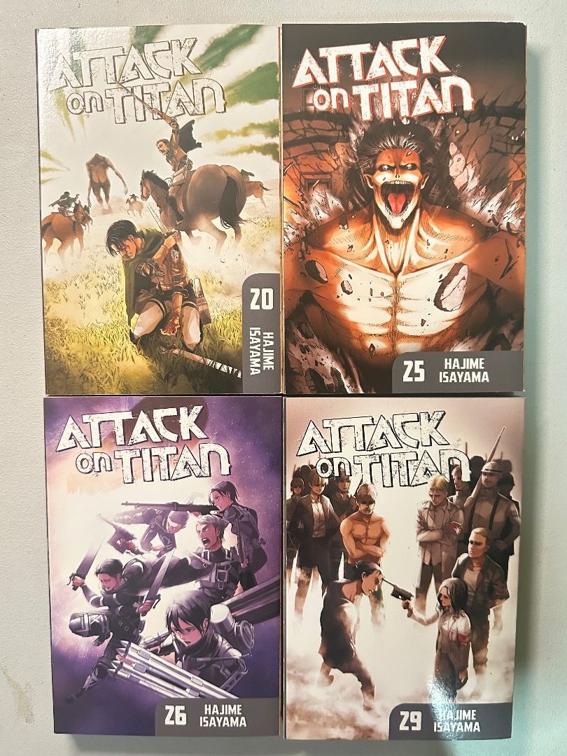 PRELOVED Attack On Titan Manga Set (Vol 20+) (Category: Comics & Manga) located in Quezon City. Submitted by cmargaretteanne (Listing ID 1316649432, Image 1). Description: Can be sold separately- 550 each volume Available Volumes: 20, 25, 26, 29 IN MINT CONDITION ~ PM FOR MORE PHOTOS AND DETAILS.