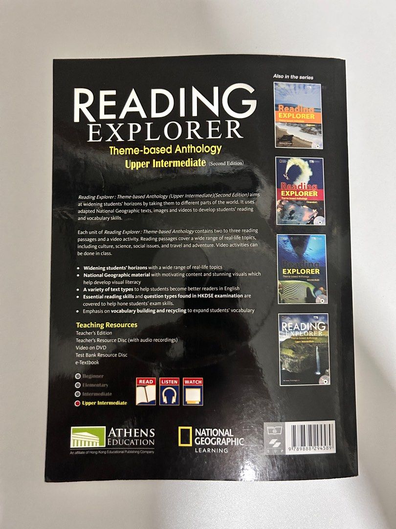 Reading Explorer Theme-based Anthology Upper Intermediate （分類：教科書）位於 Hong Kong。 由 ethan0022 提交（商品編號 1316760698，圖片 2）。簡介： Athens Education Reading Explorer Theme-based Anthology Upper Intermediate (Second Edition) 大部分冇筆跡冇highlight，少過10頁做過。