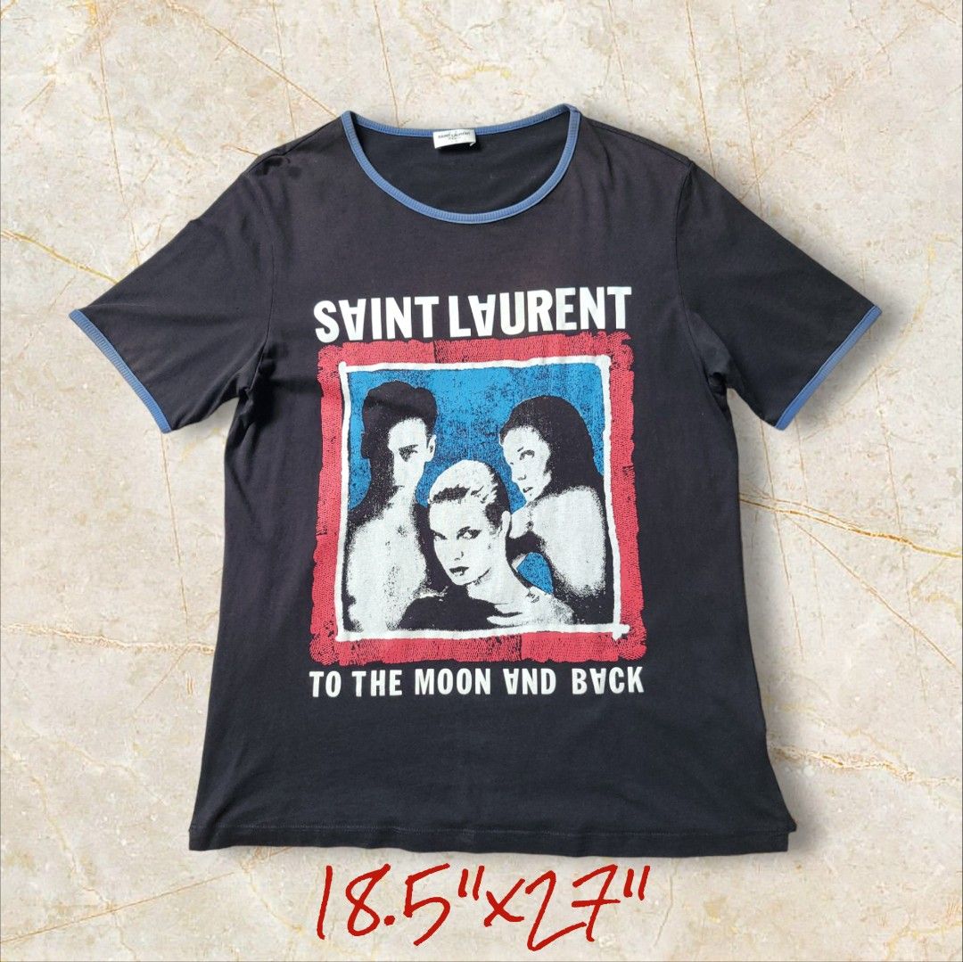 SAINT LAURENT. to the moon and back. RINGER TSHIRT (Category: Luxury Apparel) located in General Santos City (Dadiangas). Submitted by hoverfinds (Listing ID 1316661108, Image 1). Description: dimes 18.5"x27" color rate 9.6/10 issue: tethered back hem, idk design yta, see 7th Pic Php 1499shipped jnt.