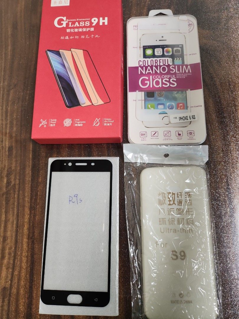 Screen protector & casing (Category: Other Mobile & Gadget Accessories) located in Singapore. Submitted by happyhappy_shopping (Listing ID 1316728137, Image 1). Description: Old phone model's accessories Tampered Glass - iPhone 6 / 6S - Oppo Reno 7 - Oppo Reno 9 Transparent Casing - Samsung S9.