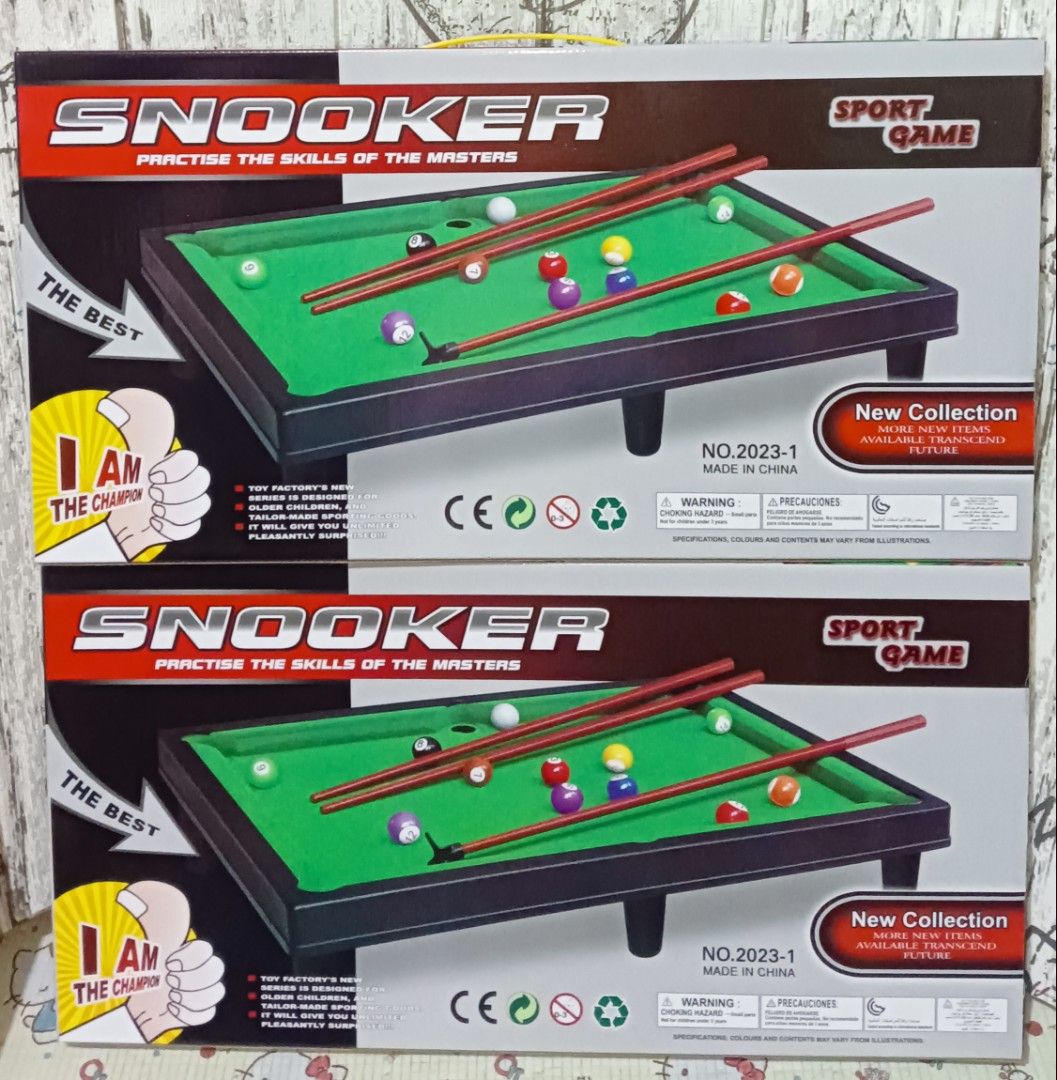 Snooker Billiard toy set (Category: Action & Battle Toys) located in Pasig City. Submitted by benildarustia18 (Listing ID 1316711238, Image 2). Description: BRANDNEW AND ONHAND TOY HIGH QUALITY. COMPLETE SET WITH BOX.