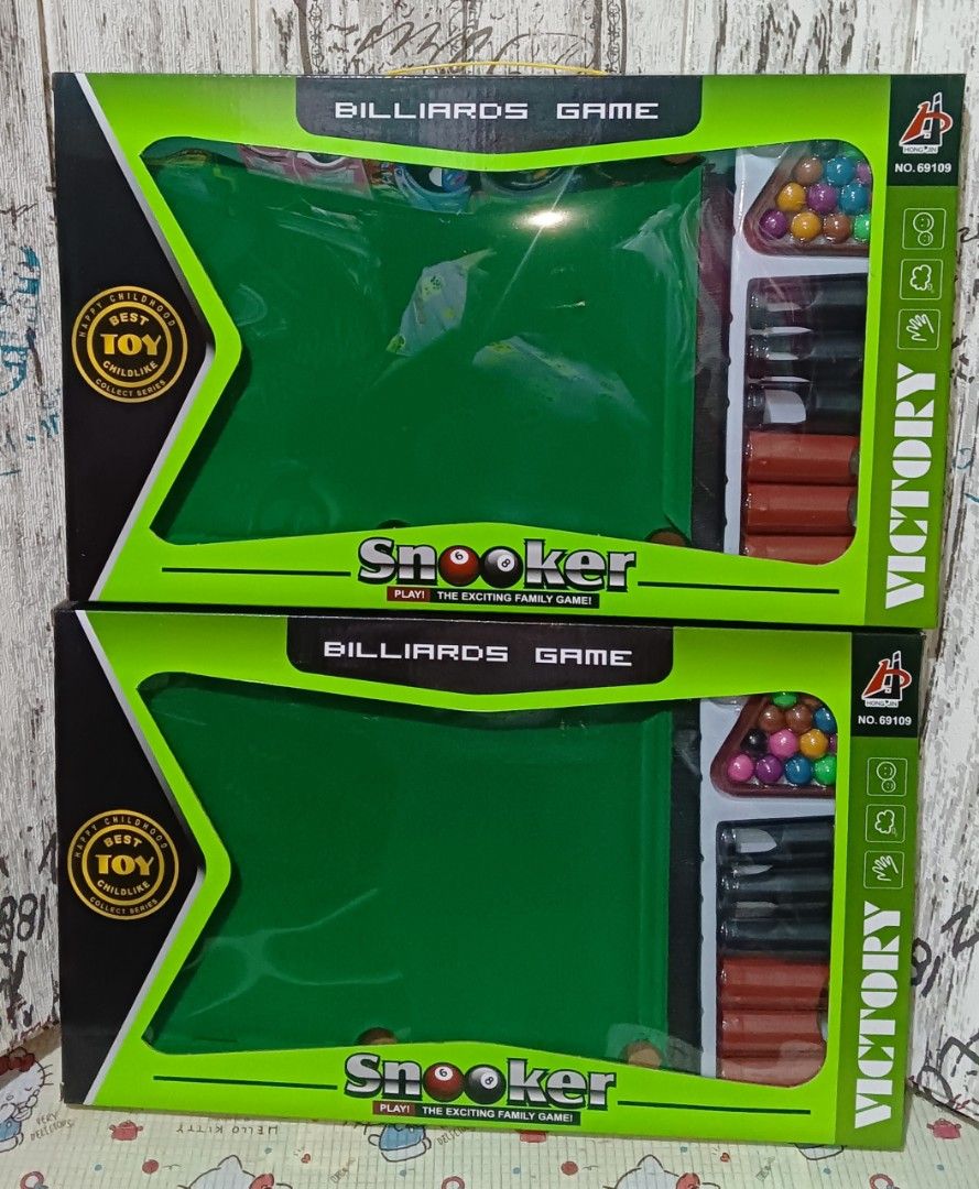 Snooker Billiard toy set (Category: Action & Battle Toys) located in Pasig City. Submitted by benildarustia18 (Listing ID 1316711238, Image 1). Description: BRANDNEW AND ONHAND TOY HIGH QUALITY. COMPLETE SET WITH BOX.