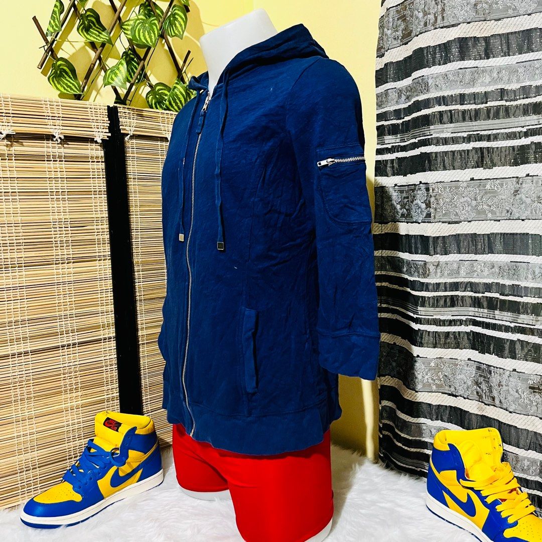 STYLE CO. SPORT ZIPPER SWEATSHIRT HOODIE JACKET 3 4 SLEEVE VINTAGE PLAIN NAVY BLUE MEDIUM 20x26