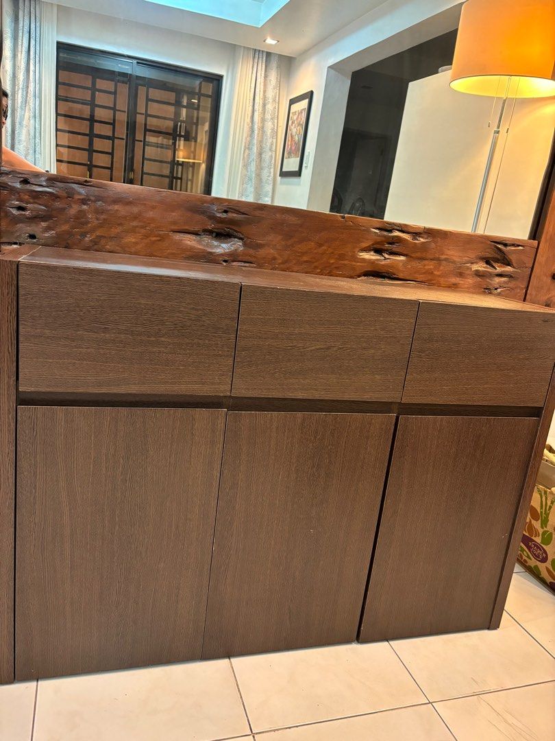 3Doors 3Drawers Buffet Cabinet from Allhome (Category: Shelves, Cabinets & Racks) located in Antipolo. Submitted by myhikaw (Listing ID 1316821525, Image 1). Description: - From Allhome - multipurpose - made of medium density fiber board, laminated with quality PVC Vinyl. - with a few scratches - good used condition - Dimension: W-120 cm D-39 cm H-84 cm - RFS: downsizing.