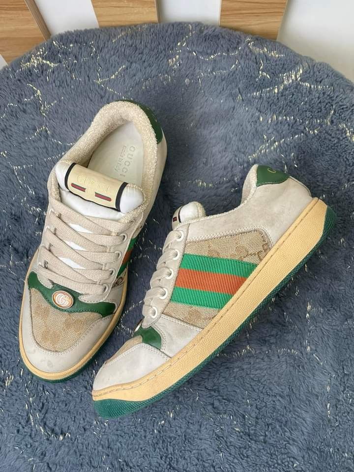 Gucci Distressed Dirty GG Canvas Leather Sneakers Size 37.5 to 37