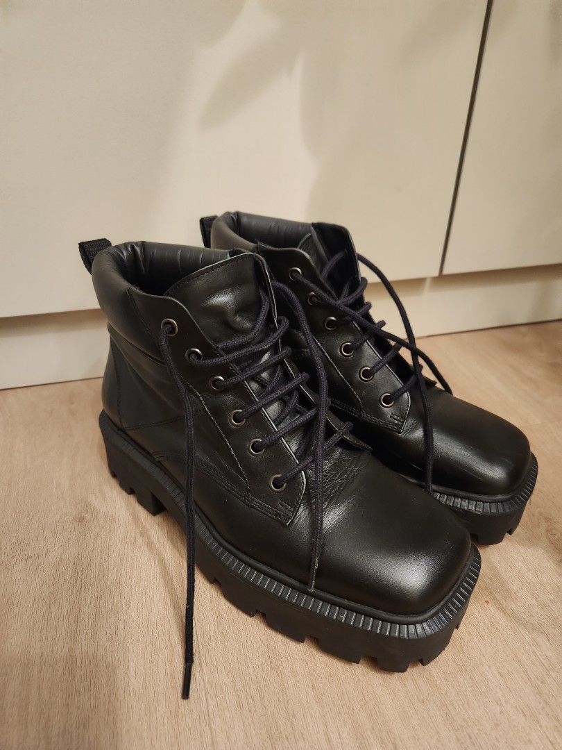 Black Lace Up Chunky Square Toed Boots Women s Fashion Footwear Boots on Carousell