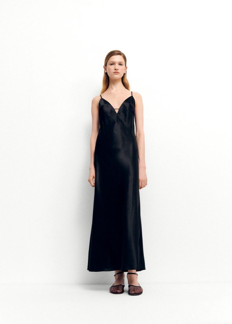 BNWT MANGO Silk Lingerie V Neck Low Cut Little Black Dress Formal Maxi Tea Length Long Sleeveless Thin Spaghetti Strap Bridgerton Evening Cocktail