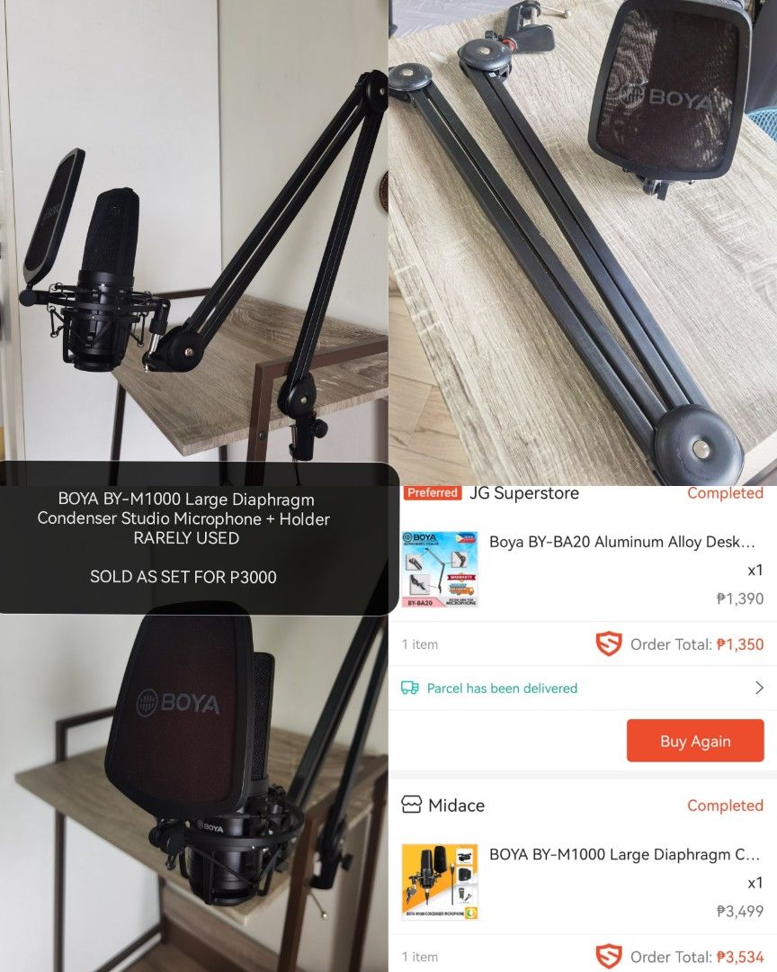 BOYA BY-M1000 Large Diaphragm Condenser Studio Microphone + Holder (Category: Microphones) located in Quezon City. Submitted by karenlabvi (Listing ID 1316967318, Image 1). Description: FIXED PRICE! Super good deal since twice used only BOYA BY-M1000 Large Diaphragm Condenser Studio Microphone + Holder P3000 RARELY USED.